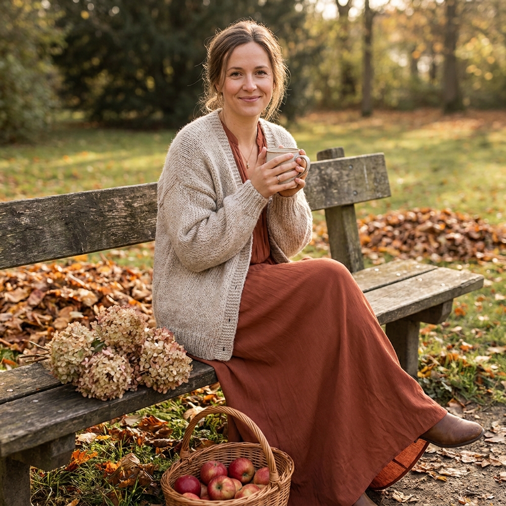 A woman seated on a wooden bench outdoors, wearing a cream cardigan over a rust-colored maxi dress, holding a mug beside a basket of apples.