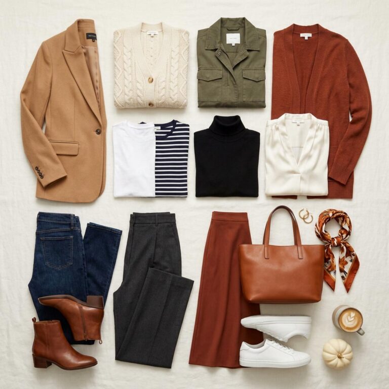 Fall capsule wardrobe flat lay for women over 50 with a camel blazer, cream cardigan, olive jacket, rust cardigan, striped and satin tops, jeans, trousers, a rust skirt, boots, sneakers, and accessories.