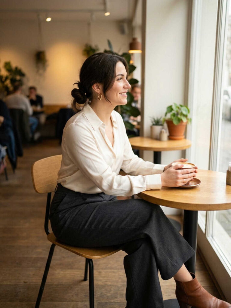 Woman wearing an ivory satin blouse with charcoal wide leg trousers and ankle boots seated at a cafe table.