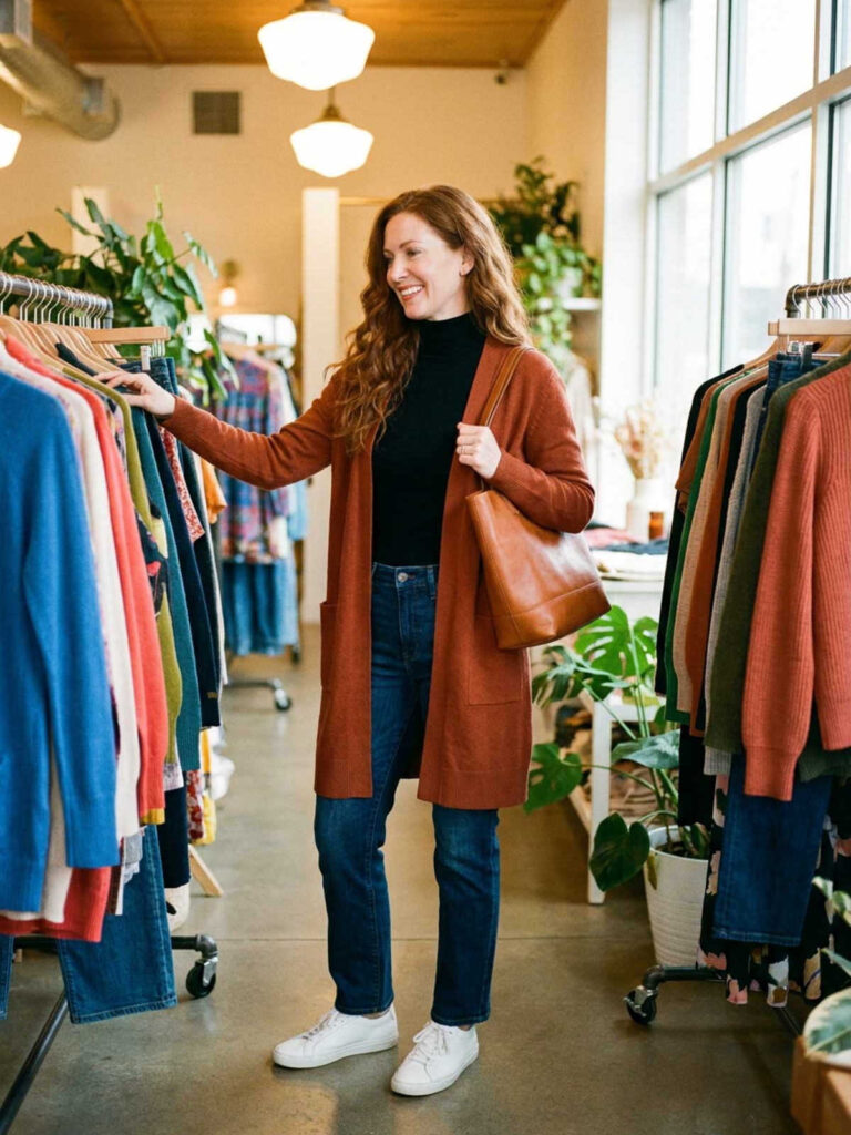 Woman wearing a rust open front cardigan over a black turtleneck with jeans and a leather tote in a boutique.