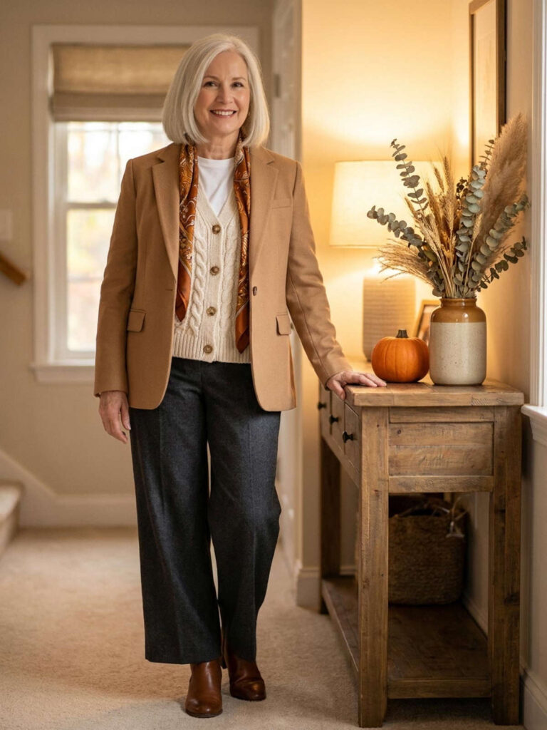 Woman over 50 wearing a camel blazer over a cream cardigan with a silk scarf and trousers in a cozy home entryway.