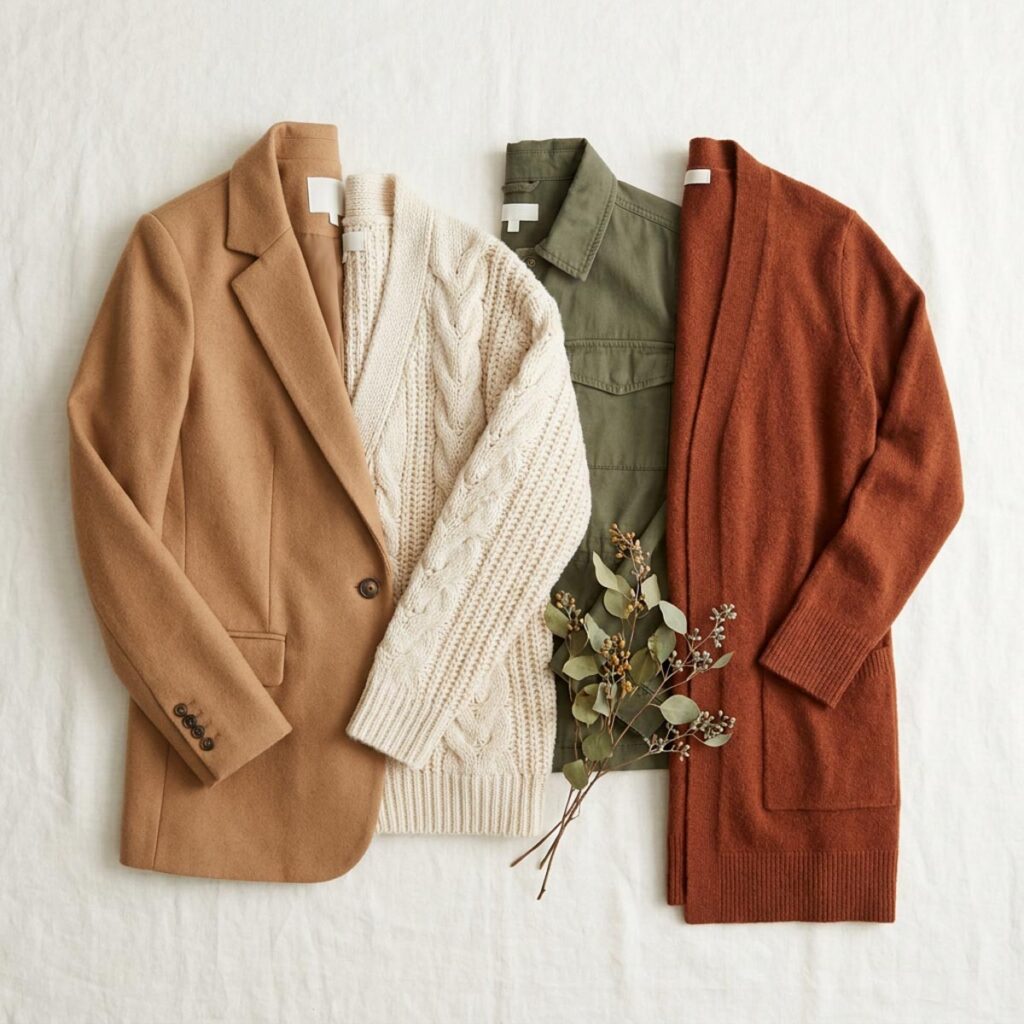 Four fall layering pieces for a capsule wardrobe, a camel blazer, cream cable knit cardigan, olive utility jacket, and rust open front cardigan.
