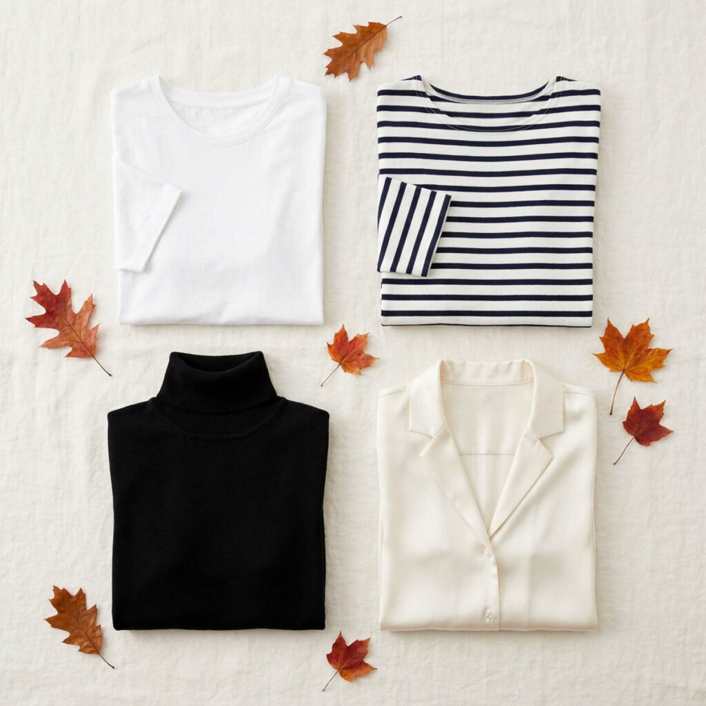 Four wardrobe essential tops for fall, a white tee, navy stripe top, black turtleneck, and ivory satin blouse folded on linen.