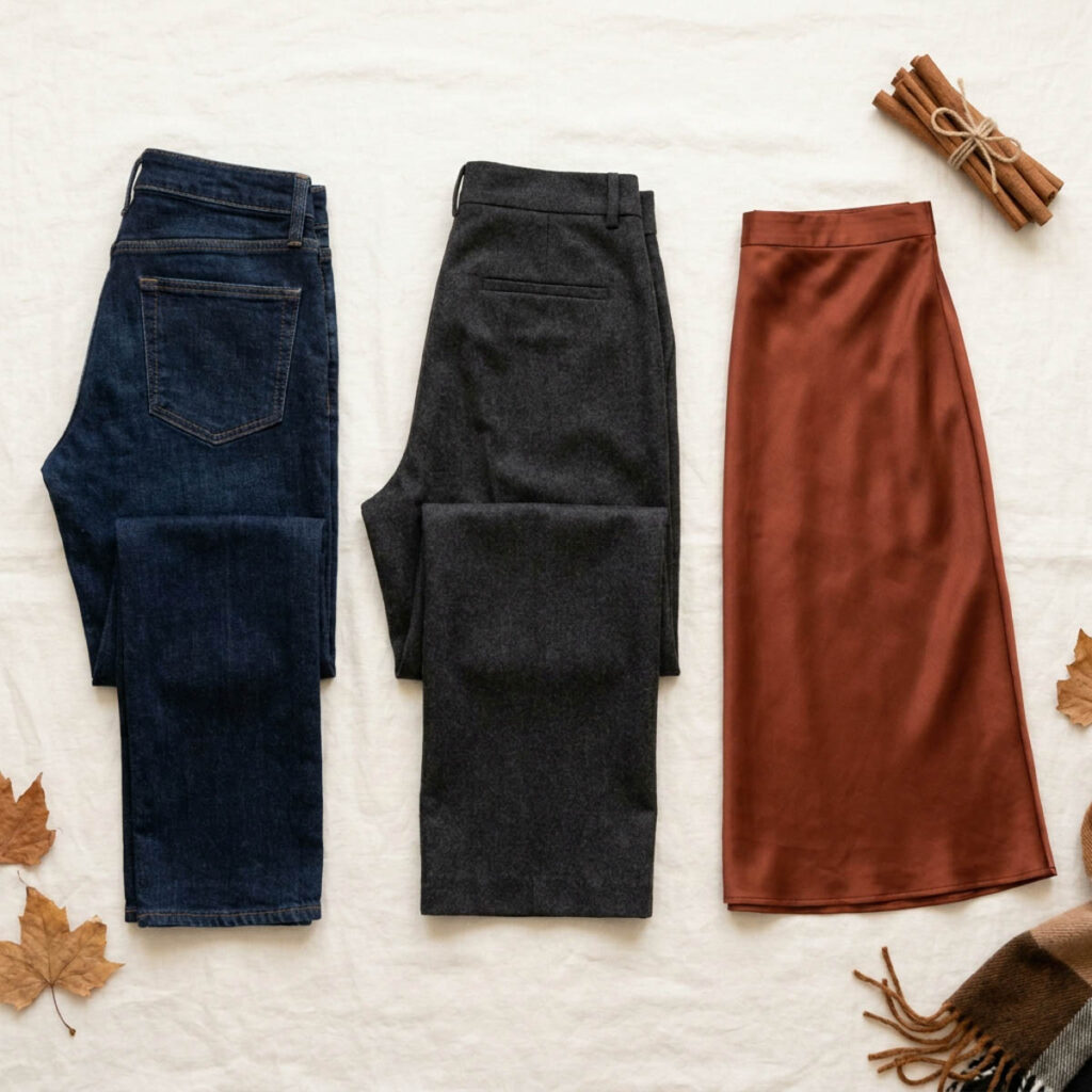 Three fall capsule wardrobe bottoms, dark straight leg jeans, charcoal wide leg trousers, and a rust satin midi skirt.