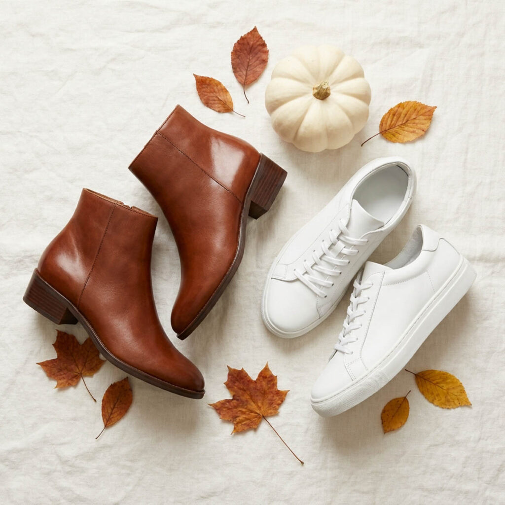 Brown leather ankle boots and white leather sneakers styled with fall leaves for a women's capsule wardrobe.