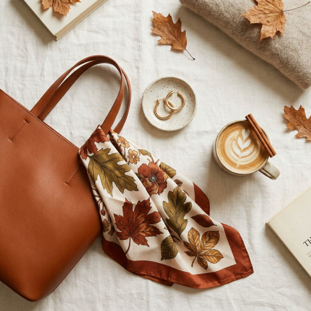Cognac leather tote, autumn print silk scarf, and gold hoop earrings styled with a latte for a fall capsule wardrobe.