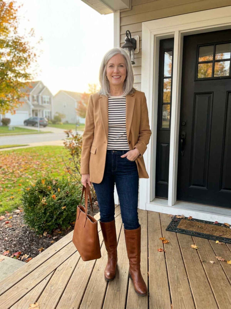 Woman over 50 wearing a camel blazer over a striped top with jeans and tall boots on a fall front porch.