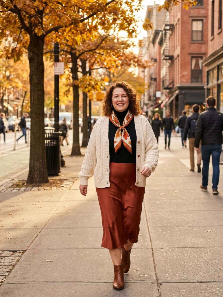 Woman wearing a cream cable knit cardigan, turtleneck, rust satin midi skirt, and ankle boots on an autumn city sidewalk.