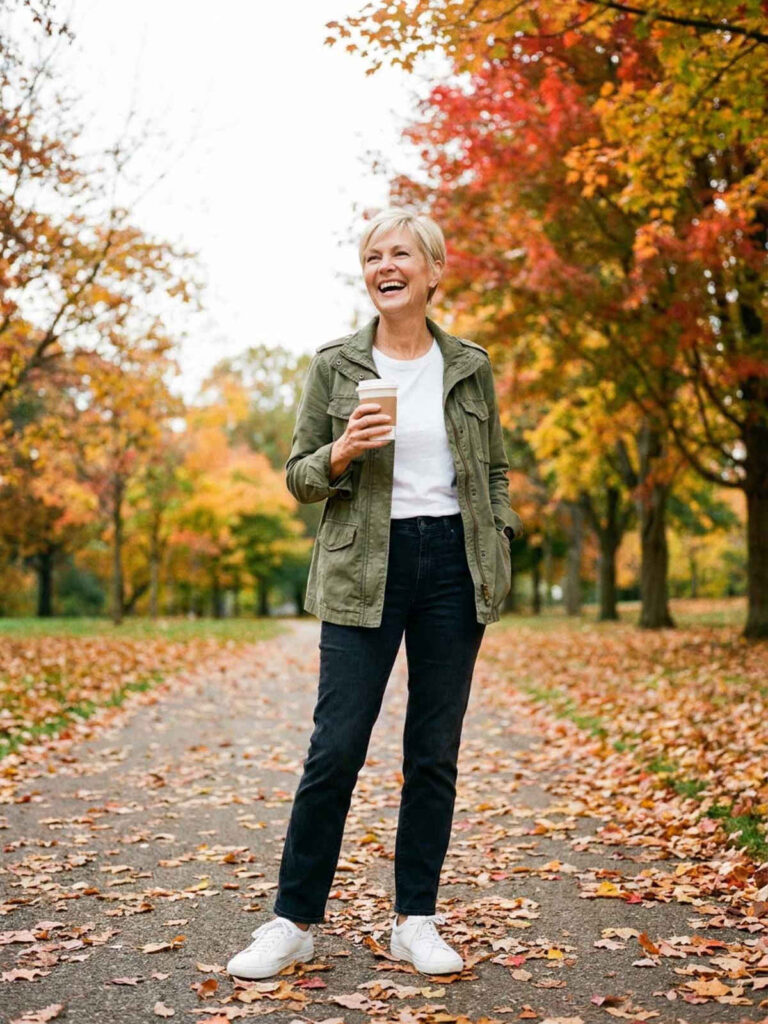 Woman over 50 wearing an olive utility jacket over a white tee with jeans and white sneakers on a fall park path.