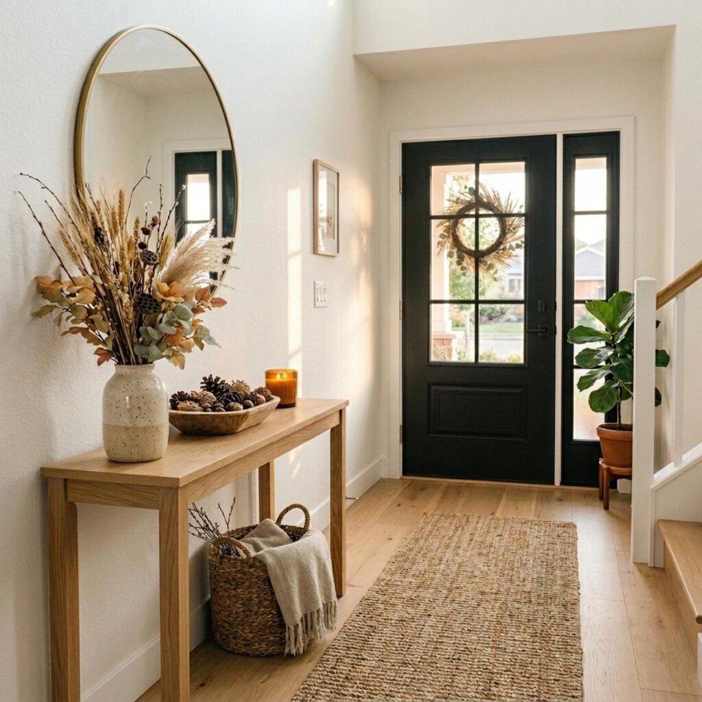 Modern entryway with a dried floral arrangement, pinecone bowl, and lit candle on a console table below a round mirror.