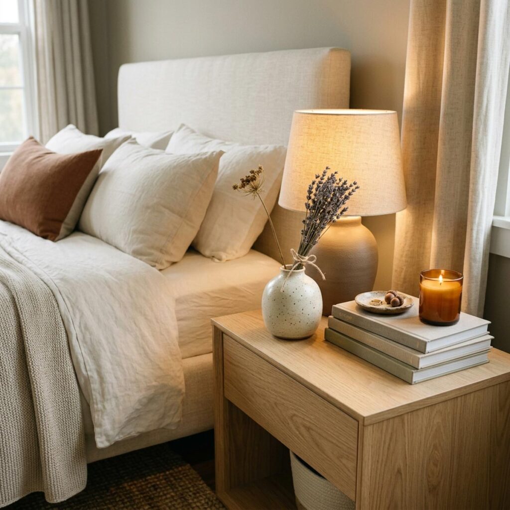 Bedroom nightstand with a lamp, a small dried lavender vase, a lit candle, and a stack of books.