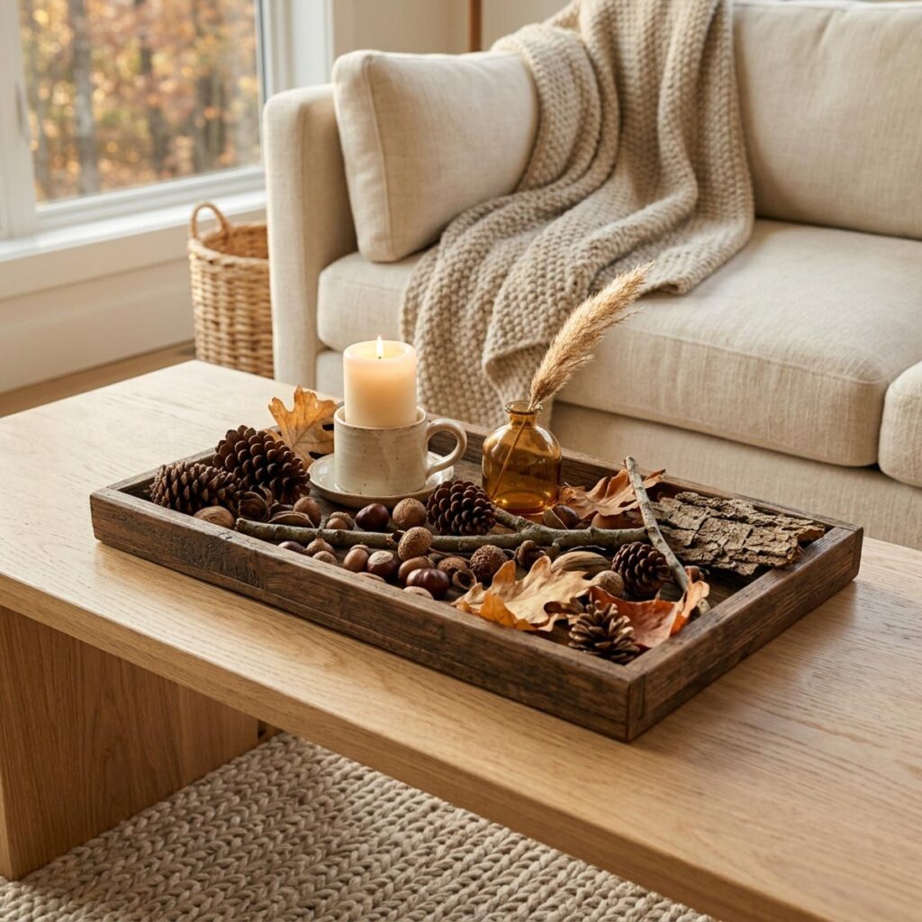 Styled coffee table tray with pinecones, acorns, dried leaves, a candle, and a small bottle with a dried grass stem.