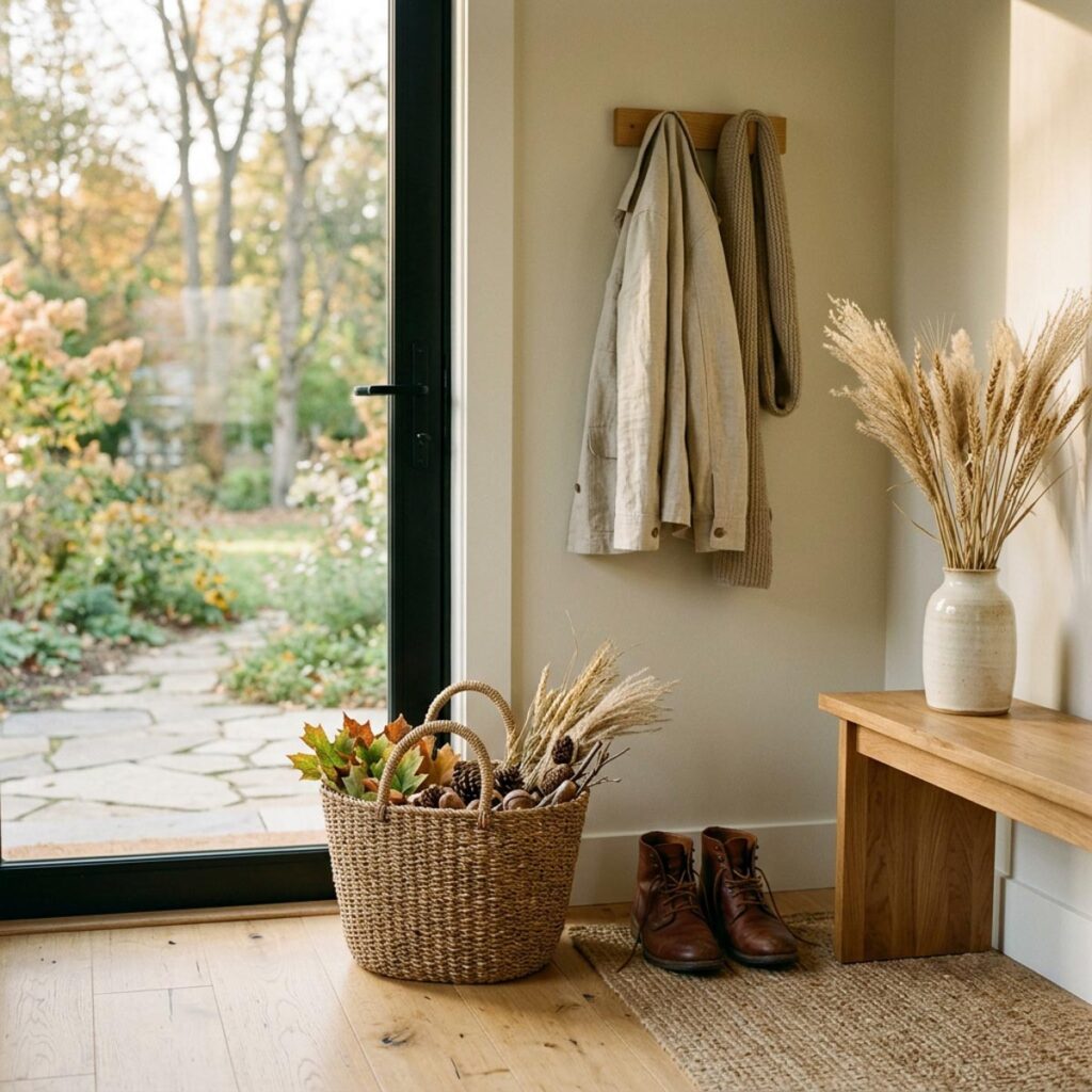 Entryway nook by a back door with a basket of gathered branches and leaves, coat hooks, and boots on a woven mat.