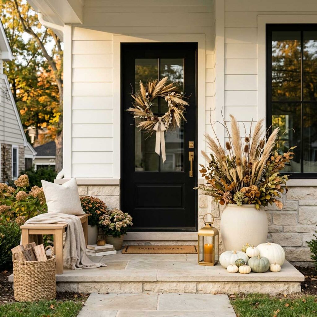 Front porch styled with a dried grass wreath on a black door, a stone urn of branches, and pumpkins on the steps.