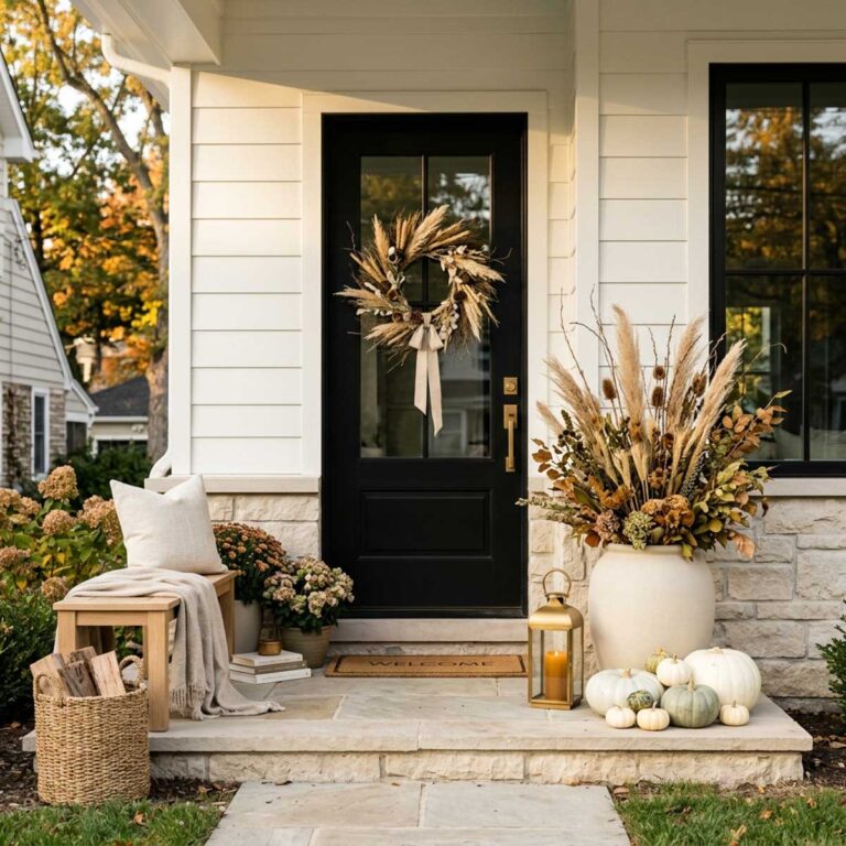 Front porch styled with a dried grass wreath on a black door, a stone urn of branches, and pumpkins on the steps.