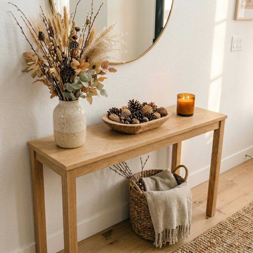 Close-up of an entry table with a dried flower vase, wooden bowl of pinecones, and a lit candle.
