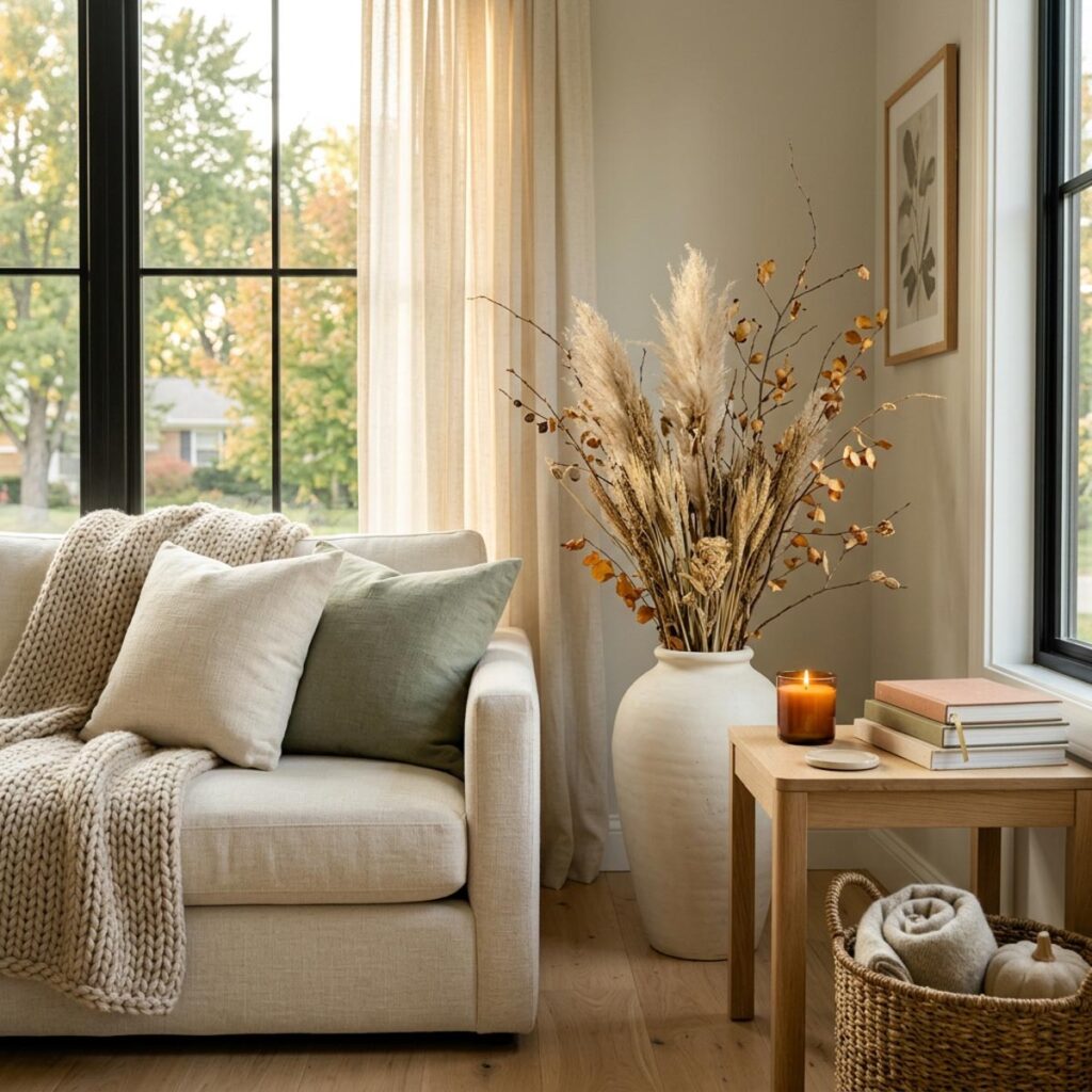Living room corner with an armchair, knit throw, and a tall vase of pampas grass and dried branches by the window.