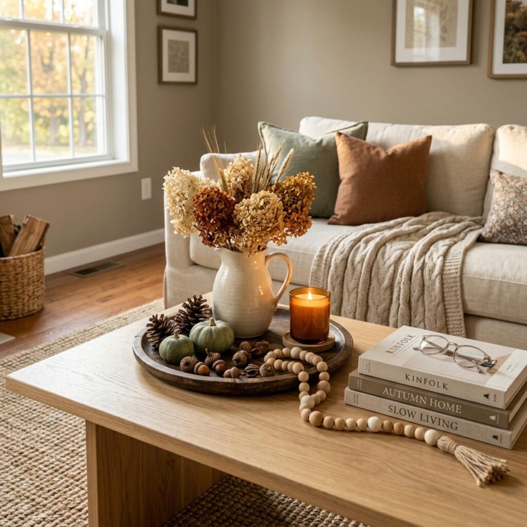 Coffee table styled with a dried hydrangea pitcher, small pumpkins, acorns, and a stack of books.