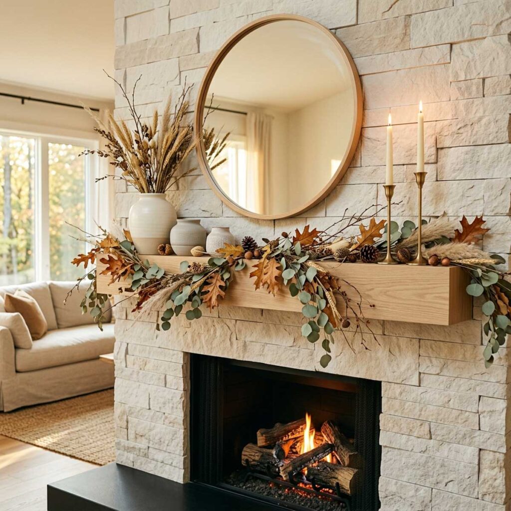 Fireplace mantel decorated with a eucalyptus and dried leaf garland, taper candles, and ceramic vases under a round mirror.