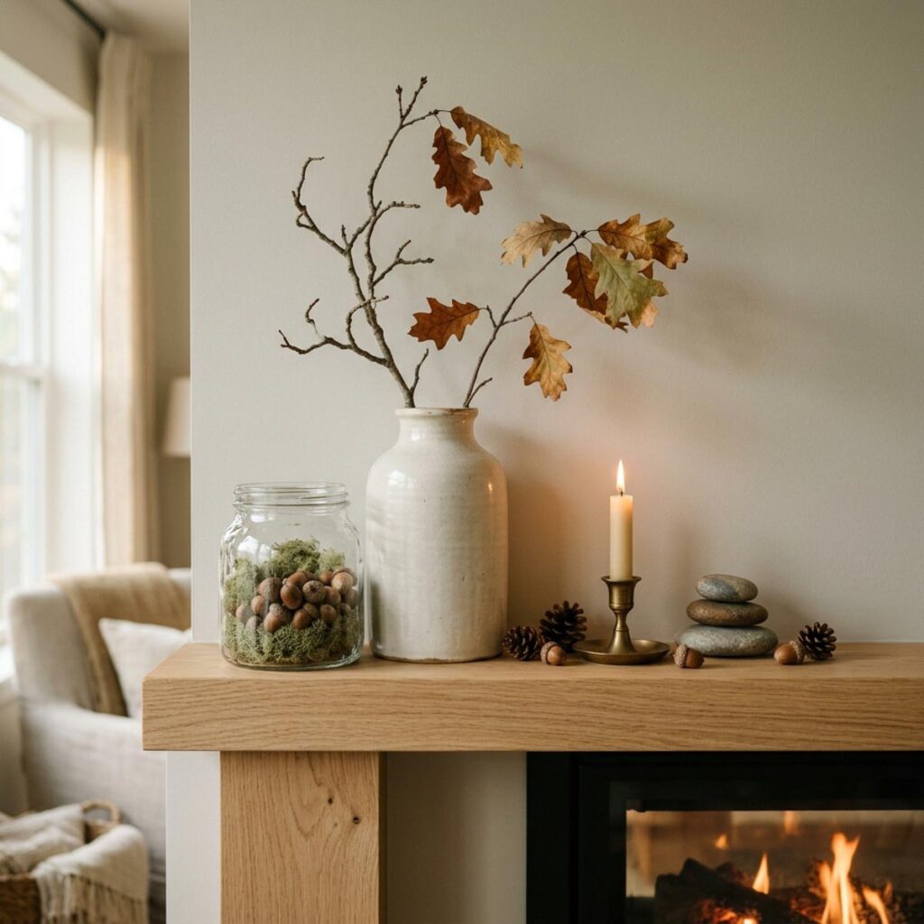 Close-up of a mantel shelf with a branch in a ceramic vase, a moss and acorn jar, a candle, and stacked stones.