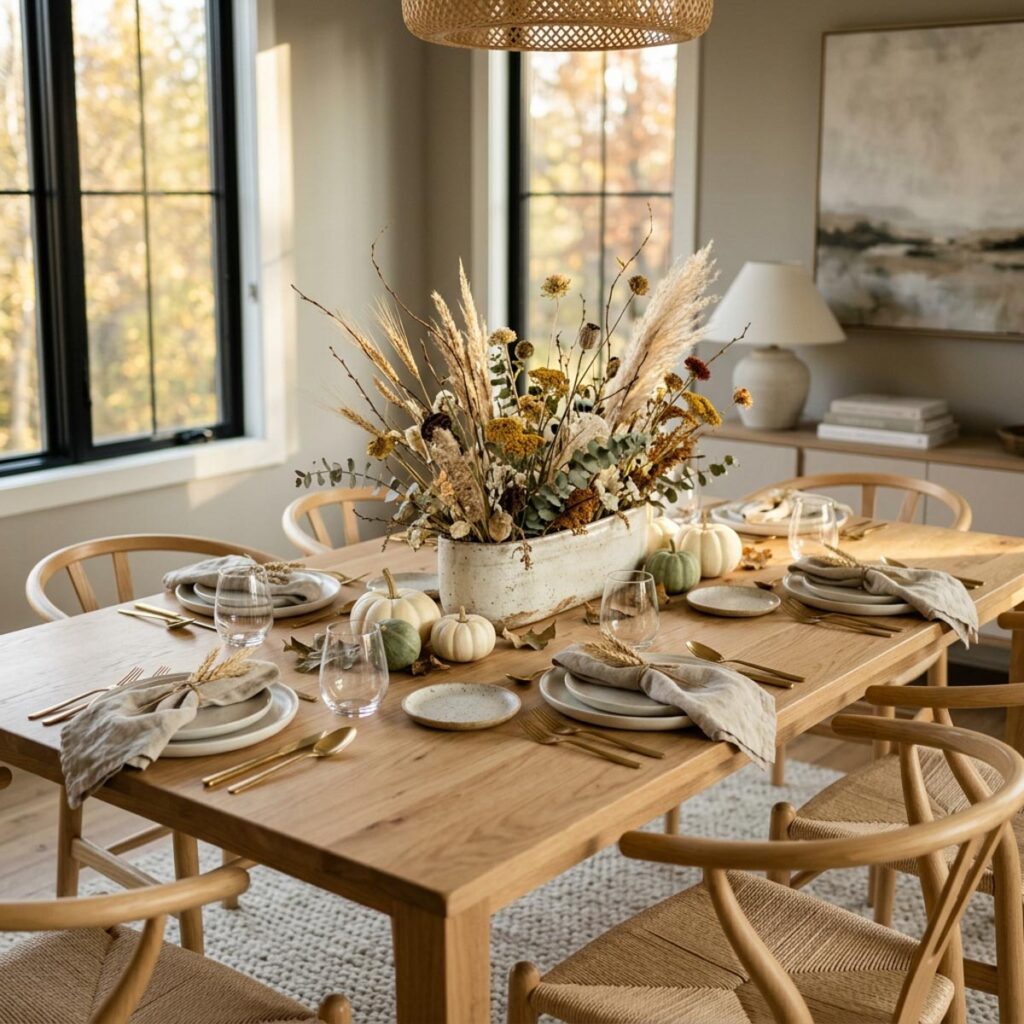 Dining table set with a dried floral centerpiece, small pumpkins, linen napkins, and gold flatware.