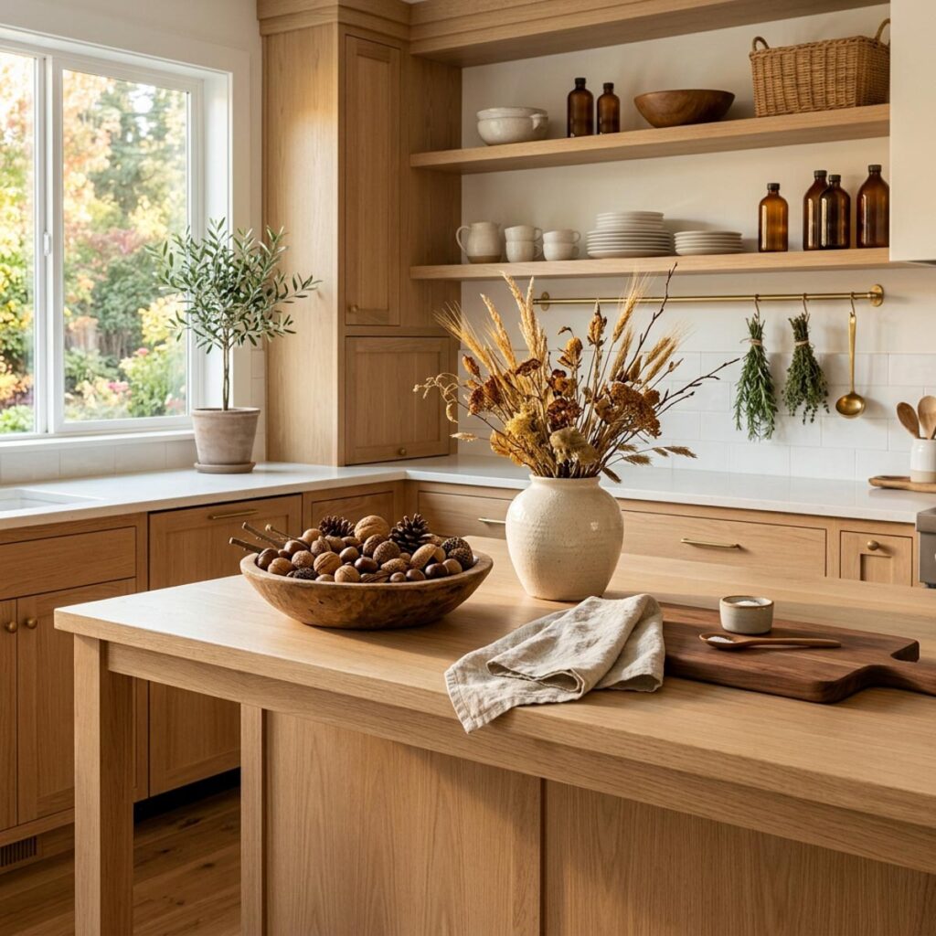 Kitchen island with a wooden bowl of nuts, a dried flower vase, and hanging herb bundles on open shelving.