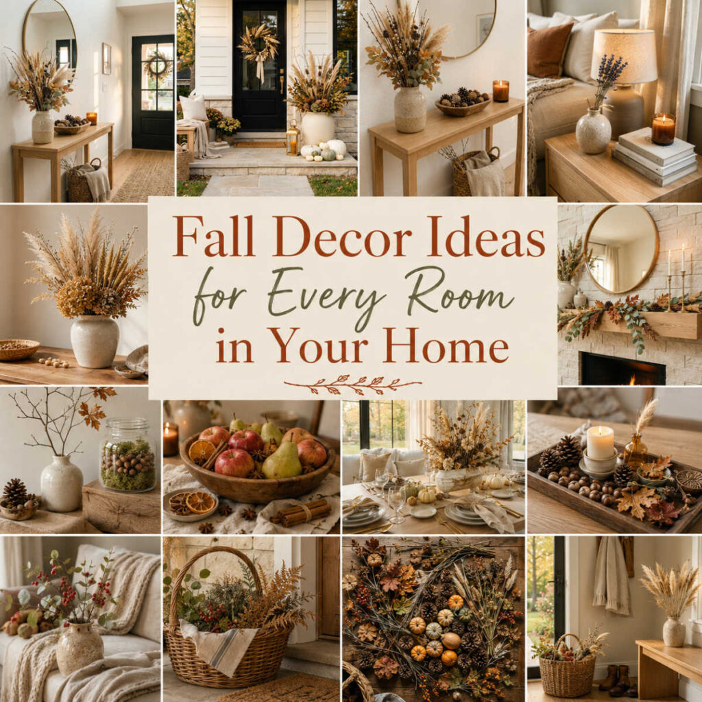 Collage of cozy fall decor ideas for every room in the home, featuring an autumn entryway, front porch, console table, living room, fireplace mantel, dining table, kitchen island, bedside table, coffee table tray, and back door decorated with pumpkins, dried flowers, candles, pinecones, natural wood, and warm neutral accents.