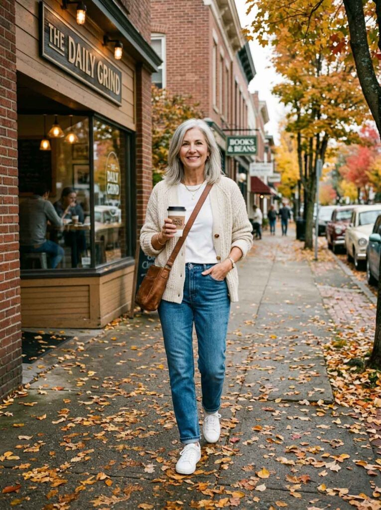 Woman in a cream cardigan and jeans holding coffee on a small town sidewalk, a classy casual fall outfit for women over 50.