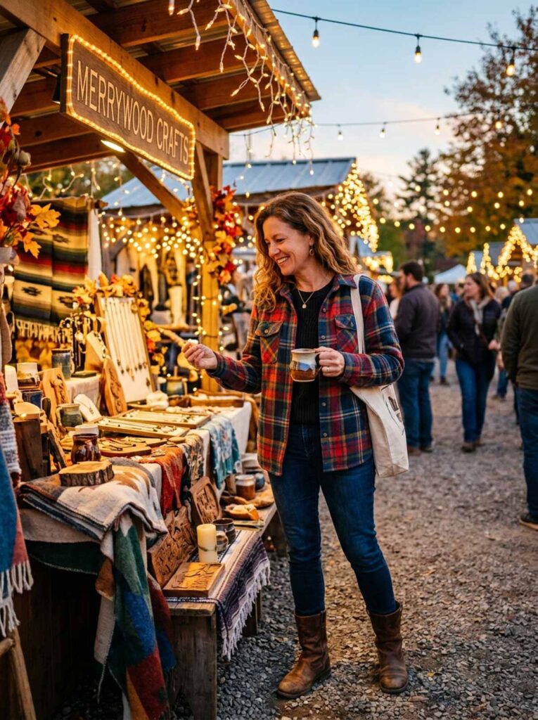 Woman in a plaid shacket browsing a lit up craft fair stall, a cozy fall festival outfit for women over 50.