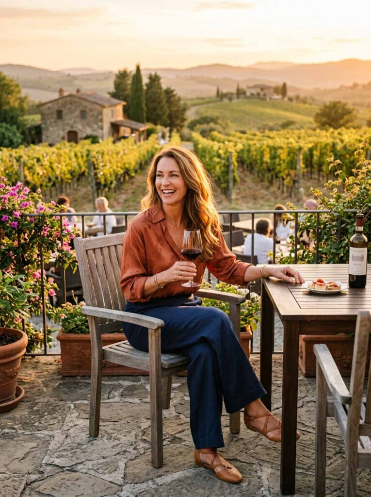 Woman in a copper satin blouse and linen pants at a vineyard table, a relaxed fall outfit for women over 50.