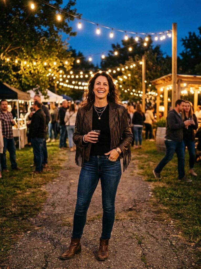 Woman in a fringe jacket and jeans smiling at an outdoor evening event, a fun fall outfit for women over 50.