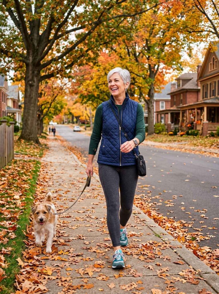 Woman in a quilted vest and leggings walking a dog on a leaf covered street, a comfortable fall outfit for women over 50.