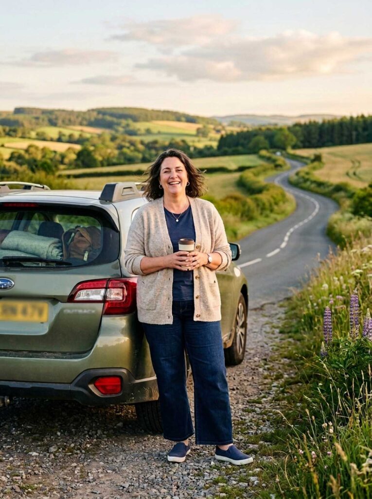 Woman in a soft cardigan and jeans standing beside a car on a country road, a casual fall travel outfit for women over 50.