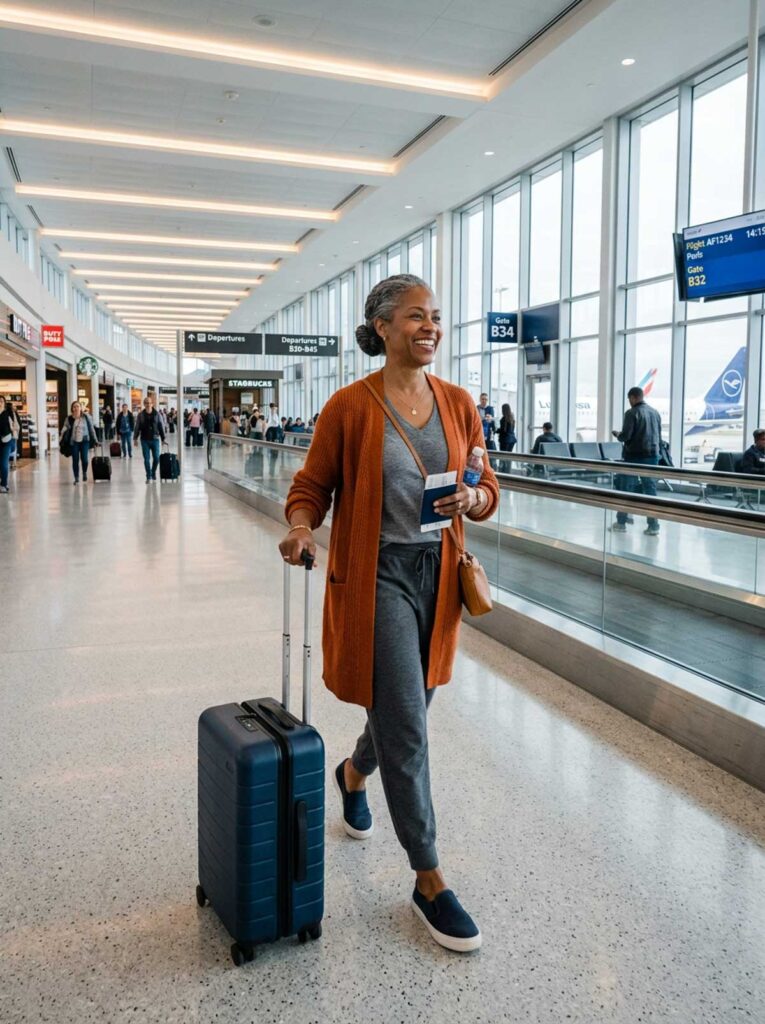 Woman in an open cardigan and joggers walking through an airport terminal, a comfortable fall travel outfit for women over 50.