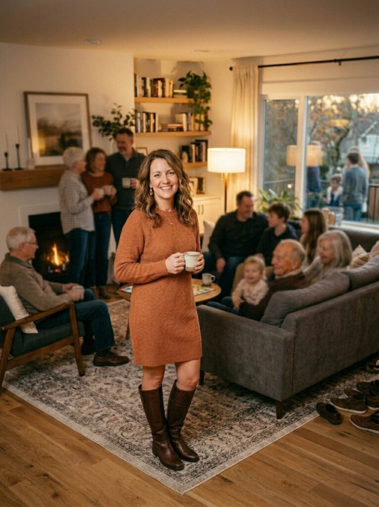 Woman in a rust sweater dress and tall boots at a cozy family gathering, a warm fall outfit for women over 50.