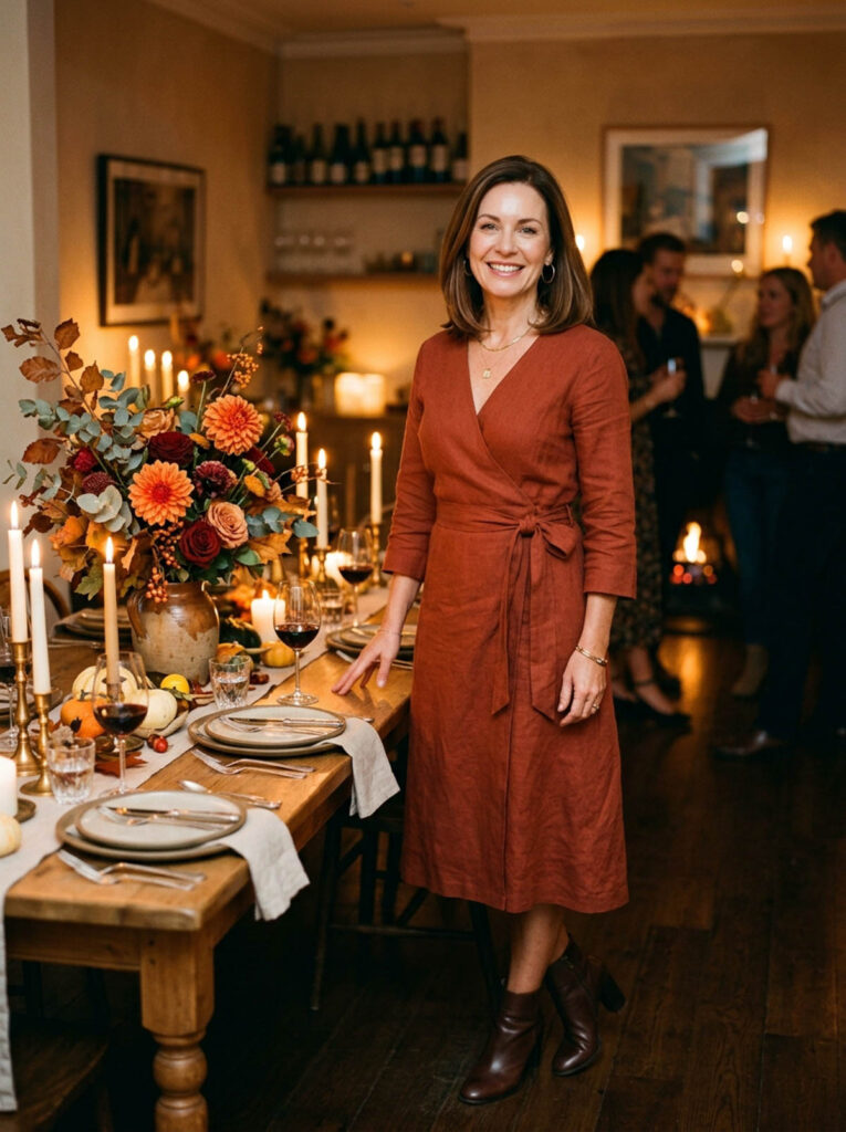 Woman in a rust wrap dress standing at a candlelit Thanksgiving table, an elegant fall outfit for women over 50.