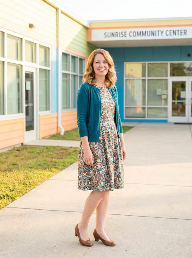 Woman in a floral dress and cardigan standing outside a community building, a modest fall outfit for women over 50.