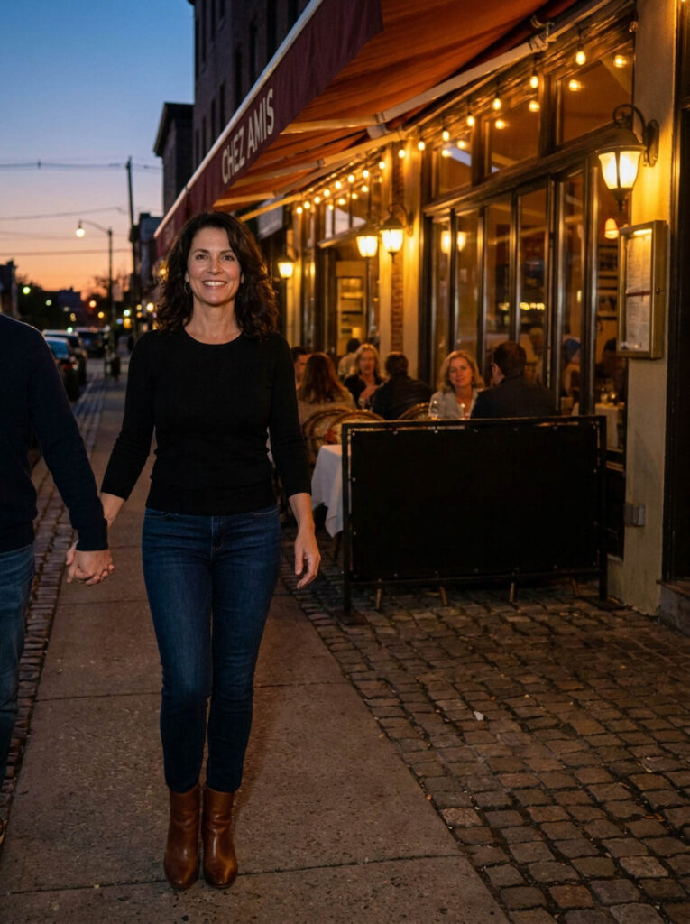 Woman in a black top and jeans walking hand in hand at dusk, a classy casual date night outfit for women over 50.