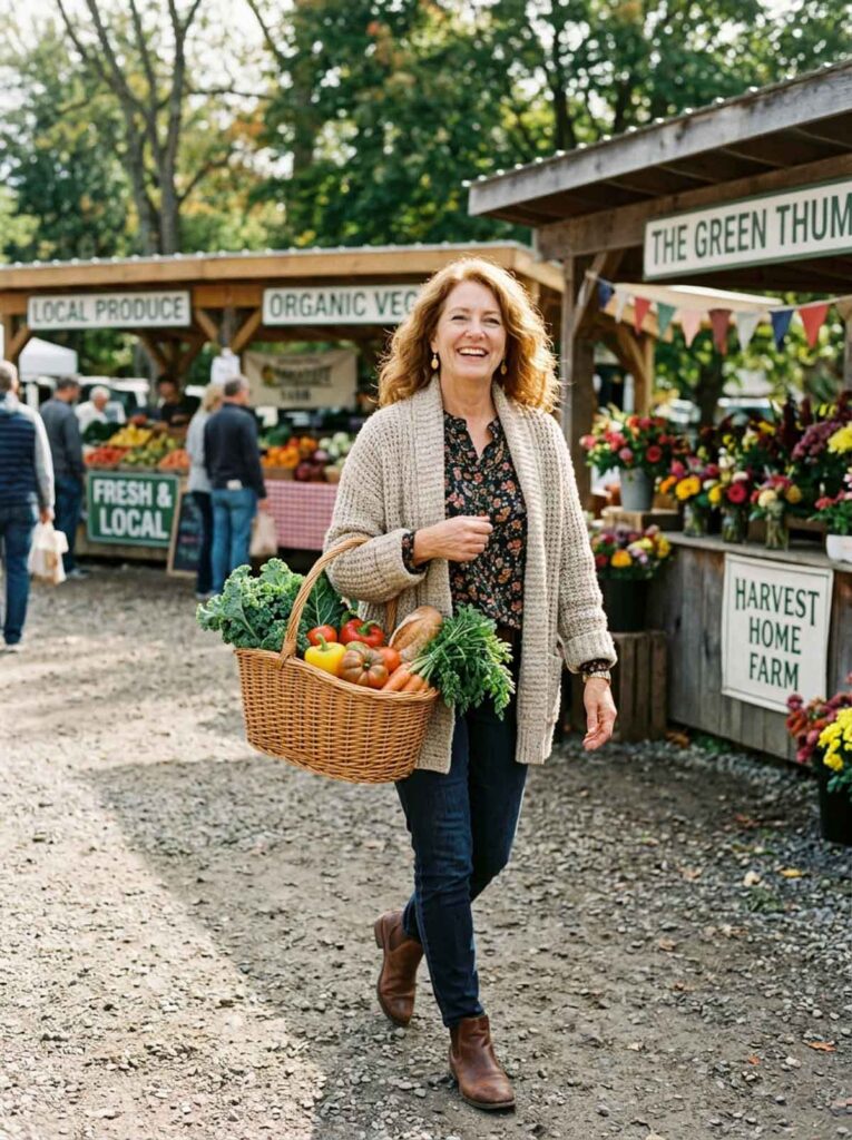 Woman in an oatmeal cardigan carrying a market basket, a cozy fall outfit idea for women over 50 at the farmers market.