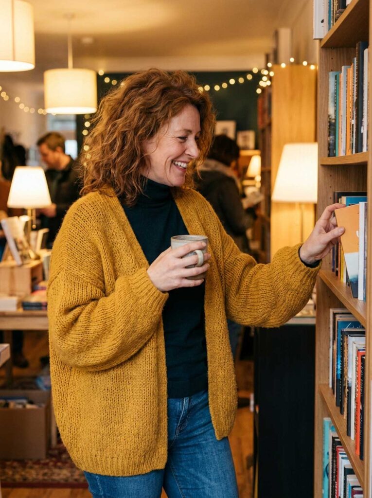 Woman in a mustard cardigan browsing bookstore shelves with coffee in hand, a cozy fall outfit for women over 50.