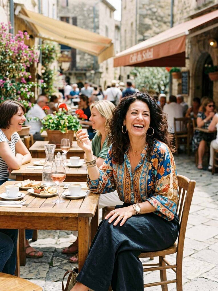Woman in a printed blouse and wide leg pants laughing at an outdoor brunch table, a relaxed fall outfit for women over 50.