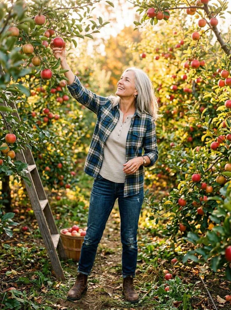 Woman in a plaid flannel and jeans picking apples in an orchard, a casual fall outfit for women over 50.