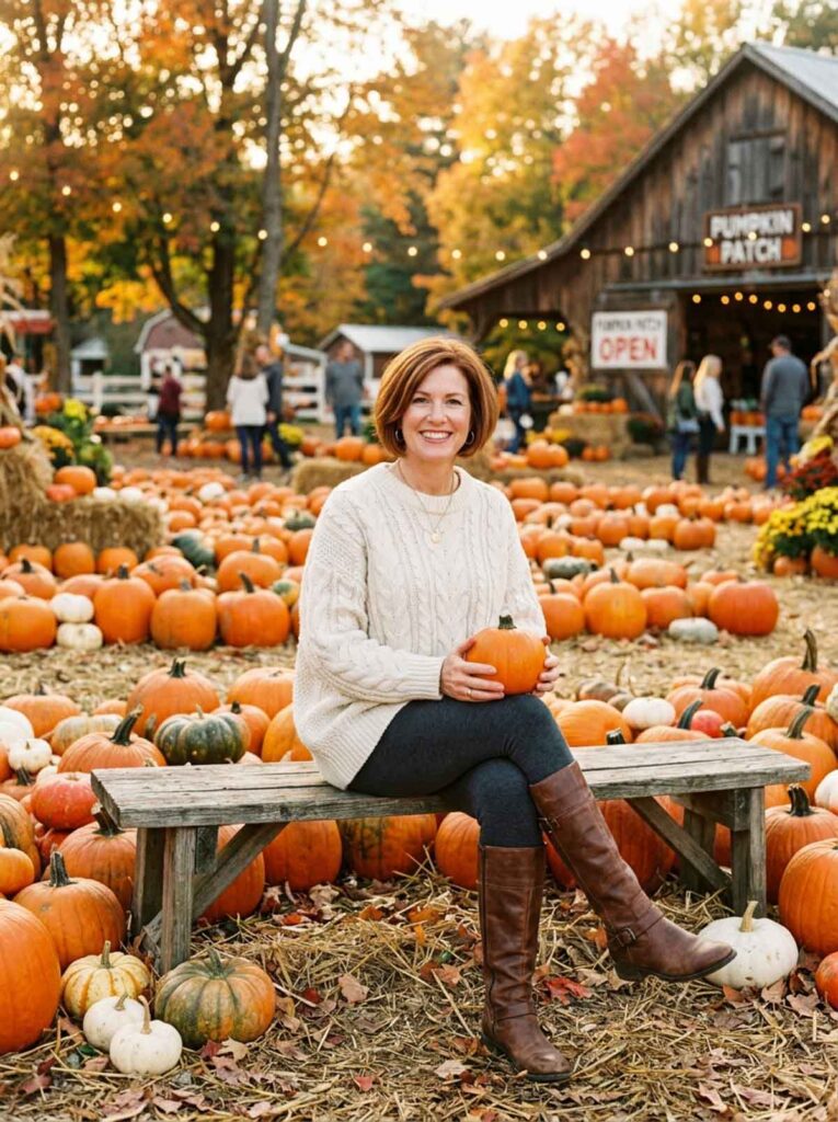 Woman in a cream cable knit sweater and tall boots sitting at a pumpkin patch, a classic fall outfit for women over 50.