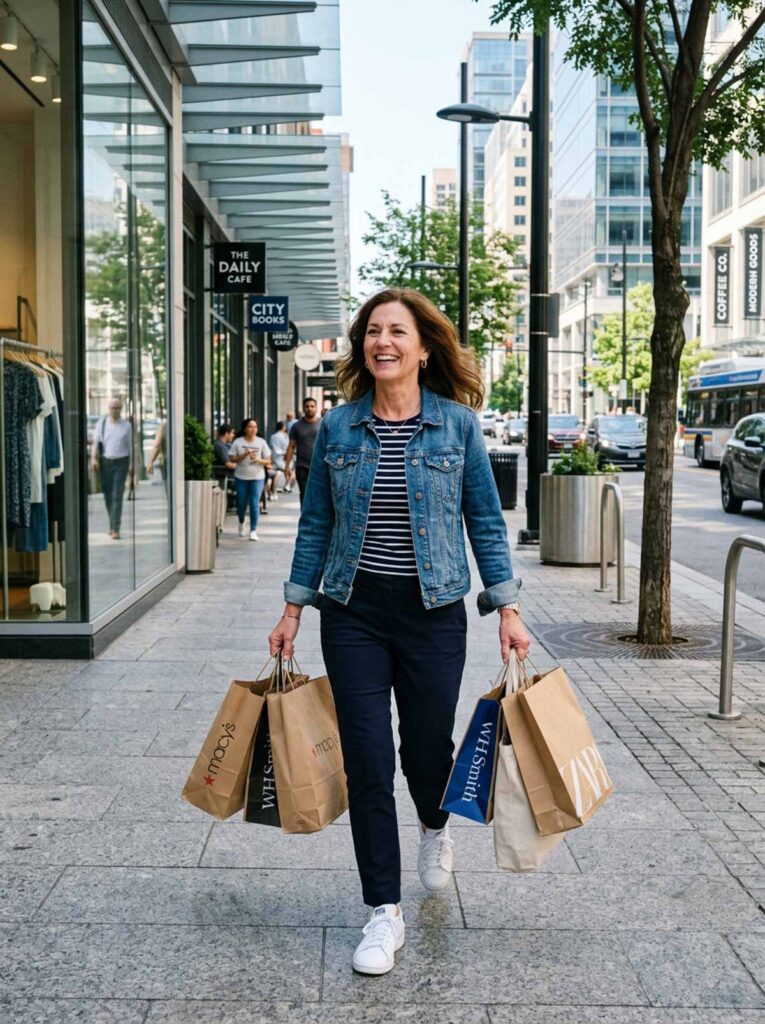 Woman in a denim jacket and striped tee carrying shopping bags downtown, an easy casual fall outfit for women over 50.