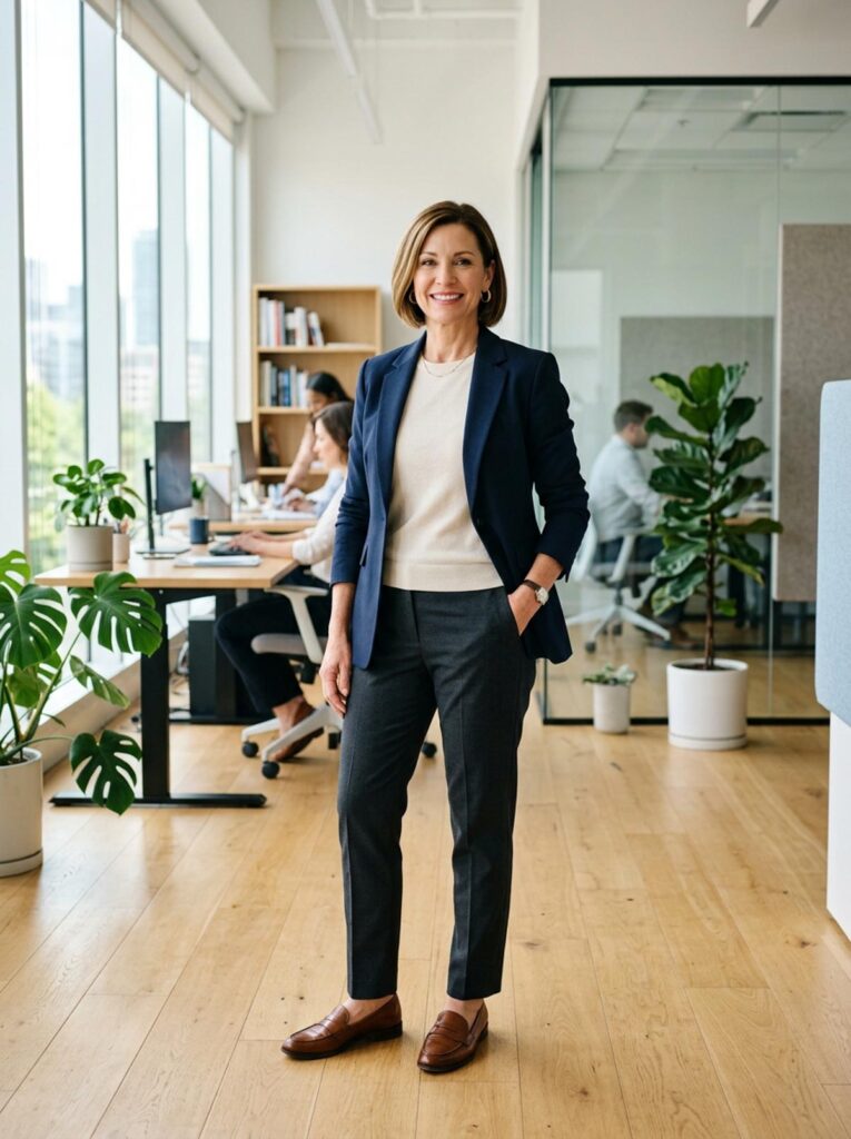 Woman in a navy blazer and trousers standing in a bright office, a business casual fall outfit for women over 50.