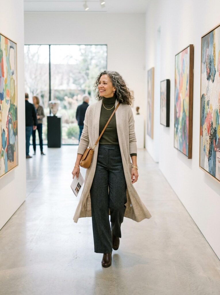 Woman in a long cardigan and wide leg trousers walking through an art gallery, an elegant fall outfit for women over 50.