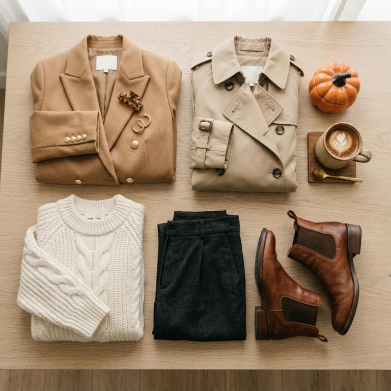 Flat lay of a fall capsule wardrobe with a camel blazer, trench coat, cream cable knit sweater, charcoal trousers, and brown ankle boots, styled with a mini pumpkin and latte, classy casual fall outfit inspiration for women over 50.