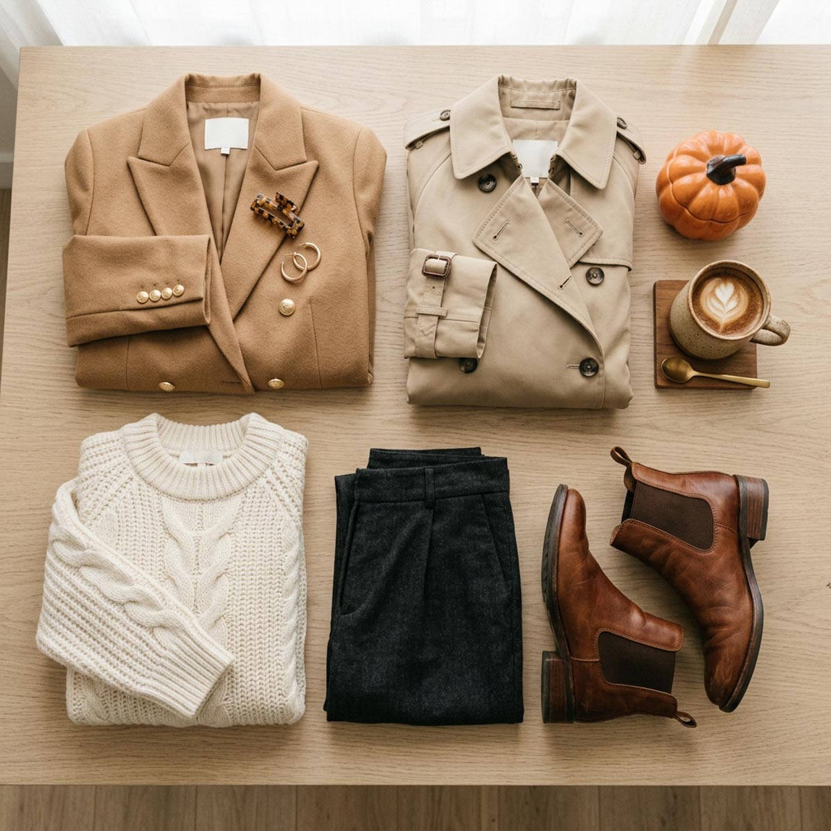 Flat lay of a fall capsule wardrobe with a camel blazer, trench coat, cream cable knit sweater, charcoal trousers, and brown ankle boots, styled with a mini pumpkin and latte, classy casual fall outfit inspiration for women over 50.