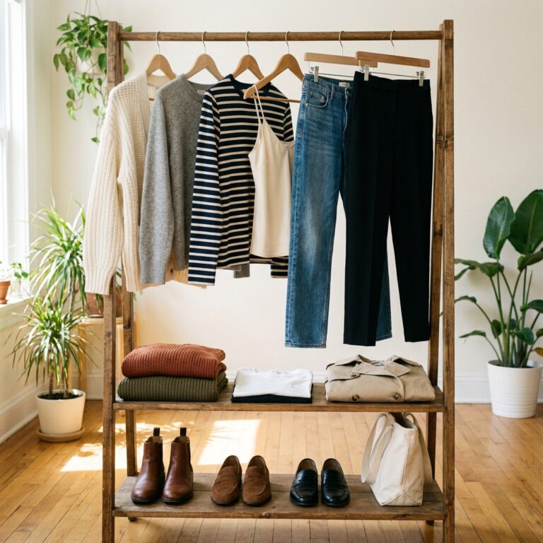 A wooden clothing rack styled with an early fall capsule wardrobe, including sweaters, jeans, black trousers, folded knitwear, and a row of boots, loafers, and a tote bag on the shelf below.
