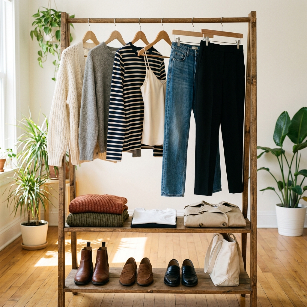 A wooden clothing rack styled with an early fall capsule wardrobe, including sweaters, jeans, black trousers, folded knitwear, and a row of boots, loafers, and a tote bag on the shelf below.